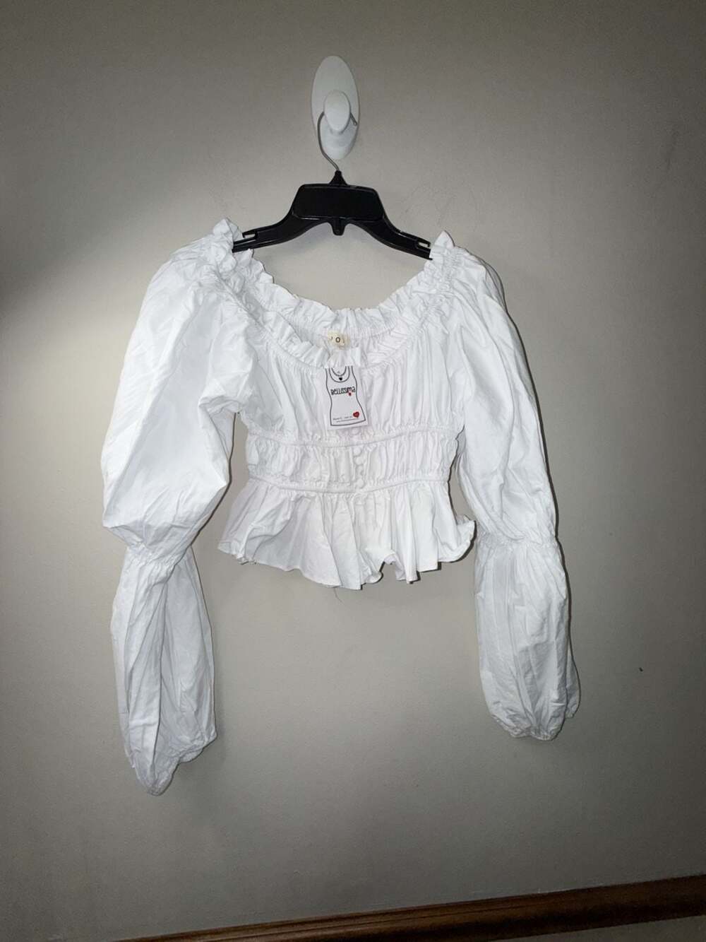 Bellissima White Ruched Peplum Blouse with Puff Sleeves